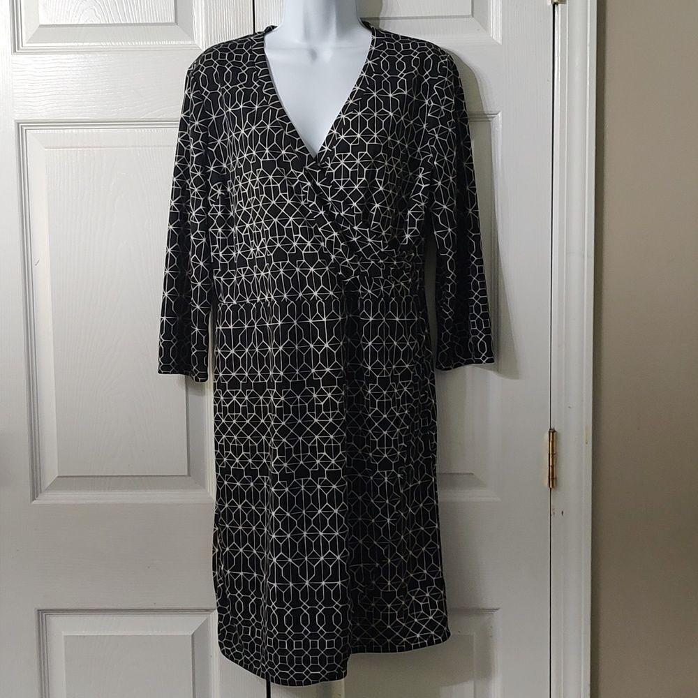 The Limited Faux wrap geometrical print black white dress Sz L NWOT